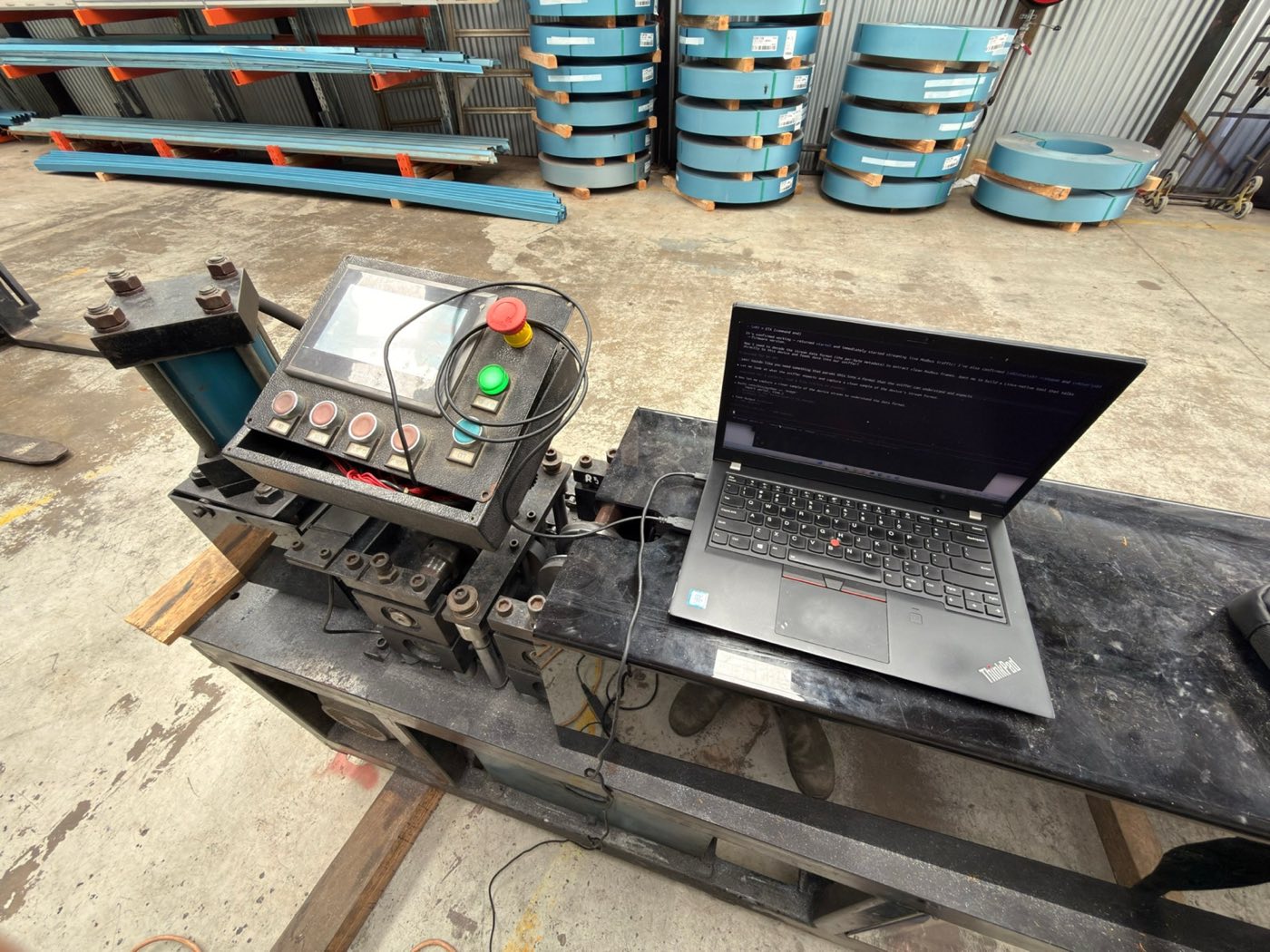 Laptop on the panel reading live Modbus traffic