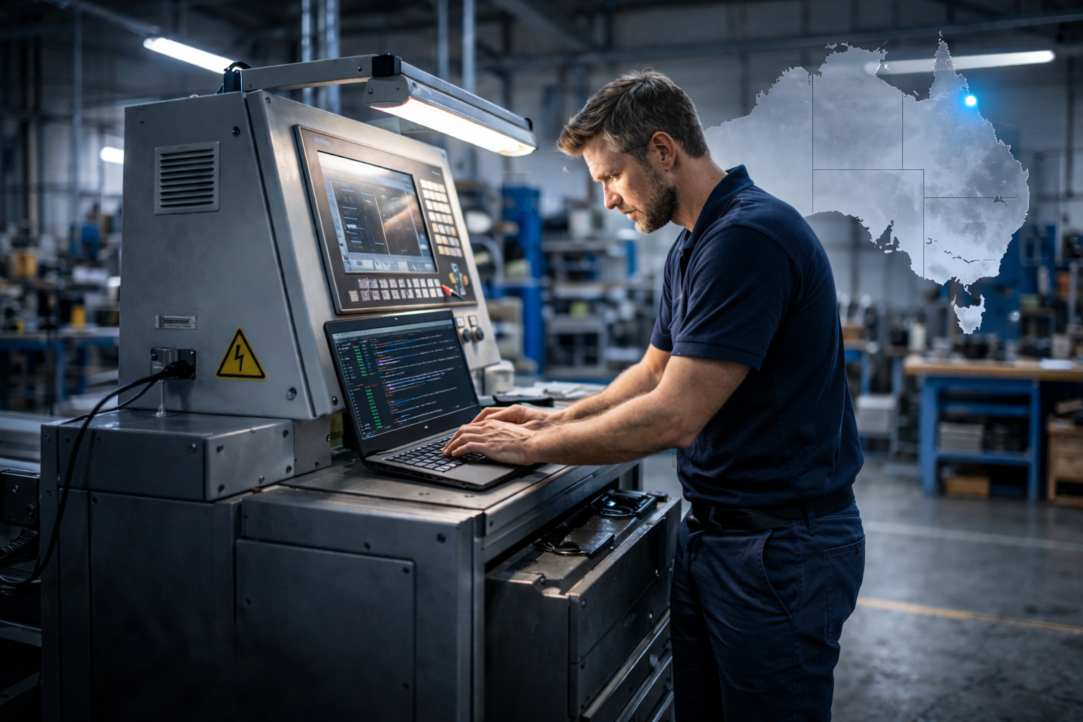 Industrial automation engineer operating CNC control panel